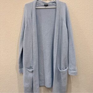 Talbots Women Long line Cardigan Light Blue Open Front Wool Blend Size Large